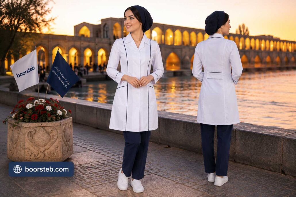 روپوش پزشکی زنانه برند برادران مدل یقه انگلیسی نواردار