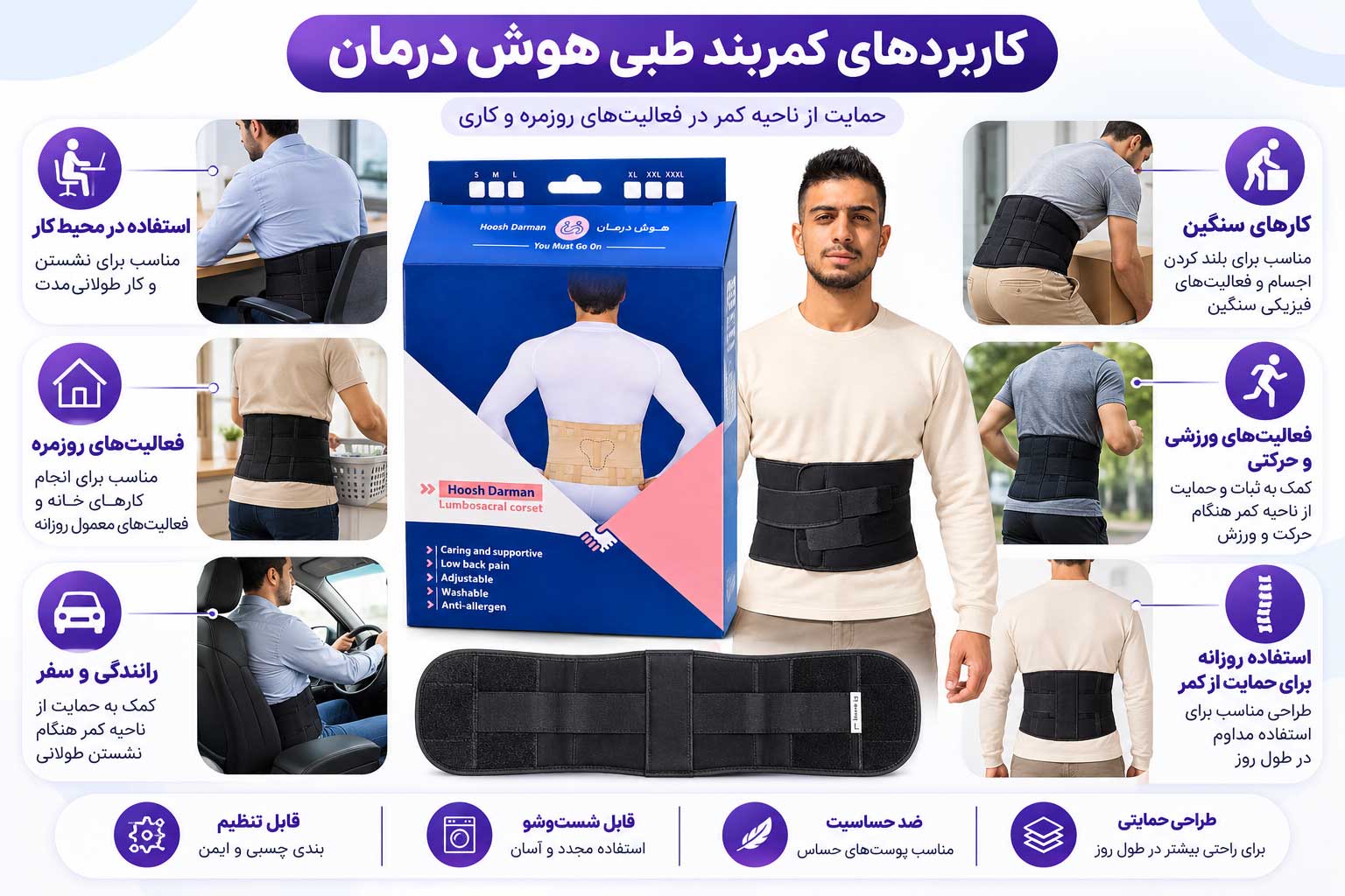 کمربند طبی آتل‌دار با کش دوبل هوش درمان کد 3024